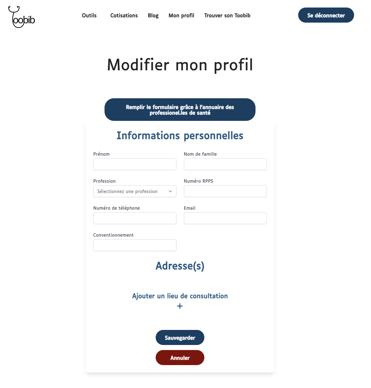 Capture d'écran de l'interface "Modifier mon profil" pour Toobib