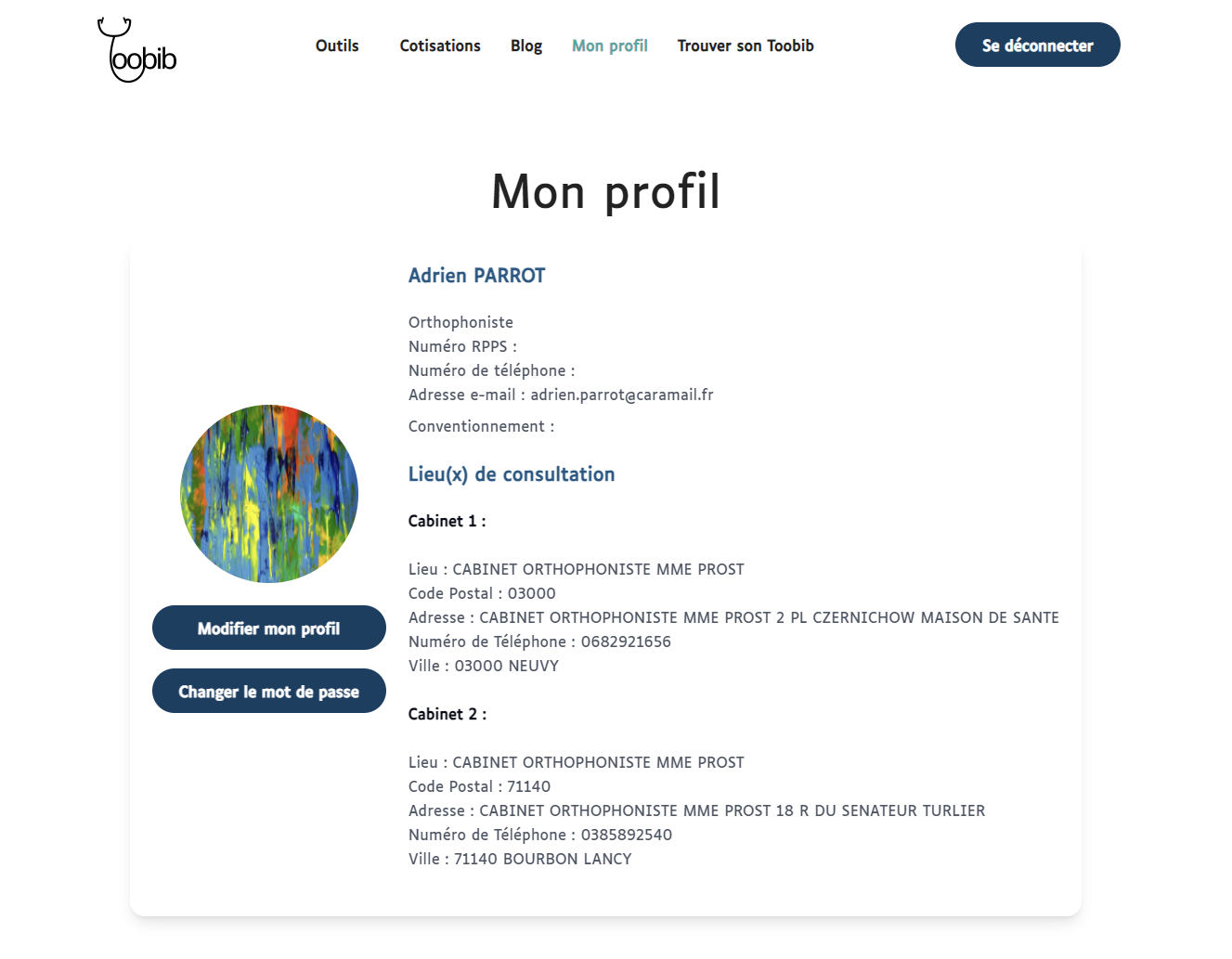 Capture d'écran de l'interface "Mon profil" pour Toobib