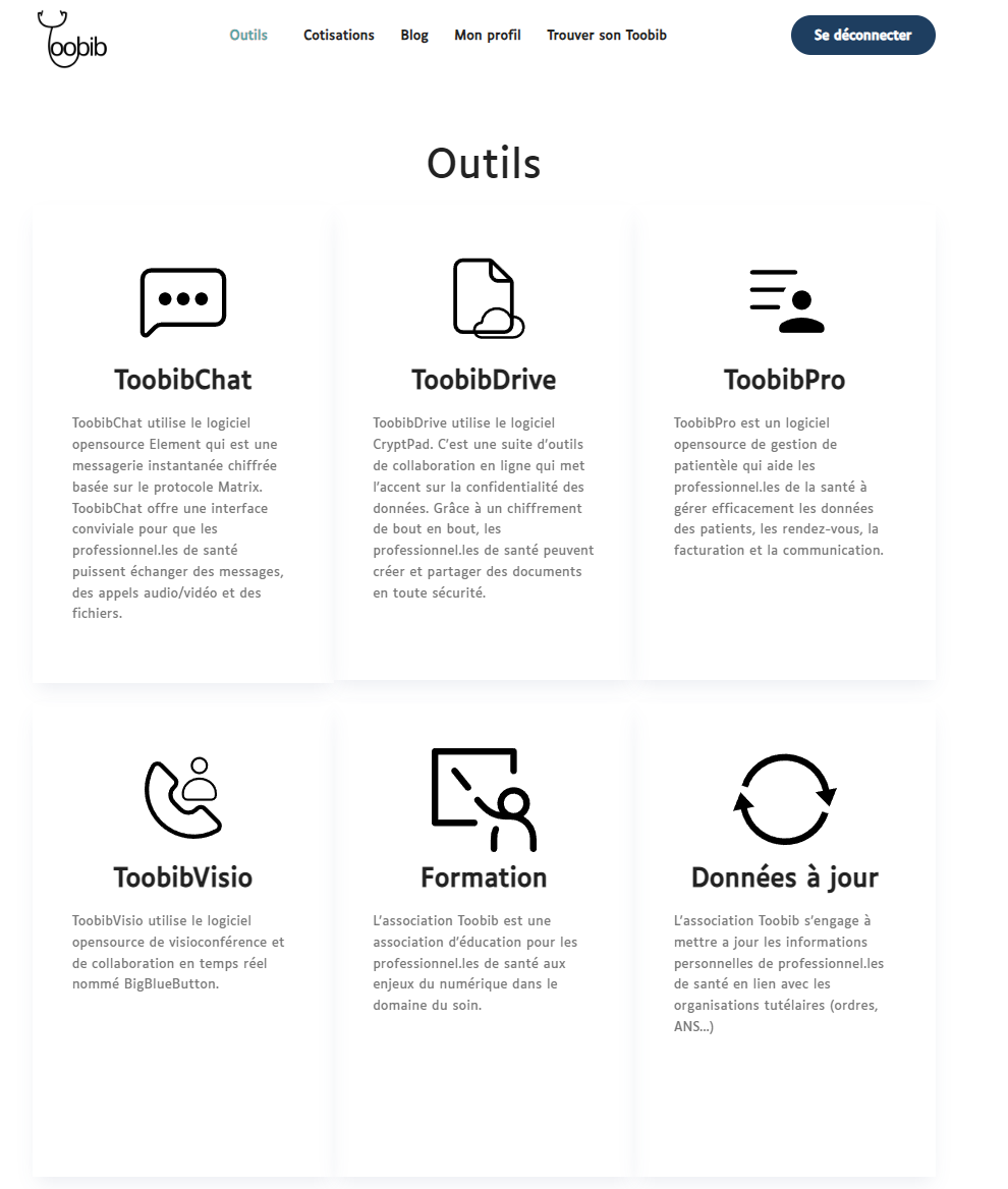 Capture d'écran de l'interface "Nos outils" pour Toobib