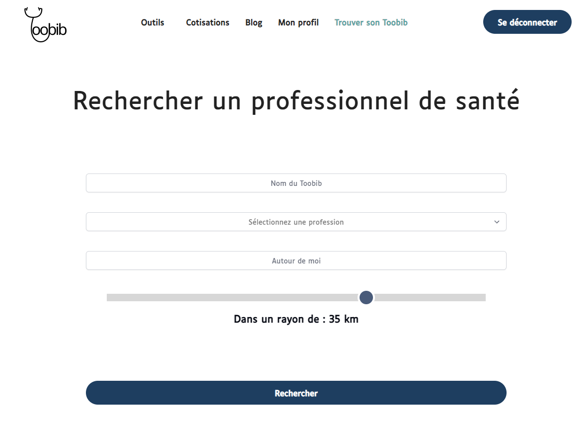 Capture d'écran de l'interface de recherche d'un professionnel de santé pour Toobib